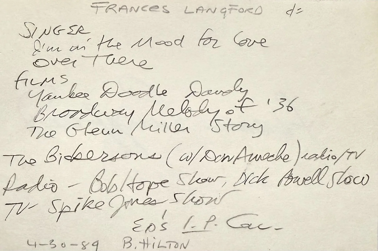 Frances Langford — FRANCES LANGFORD Signed Autograph 4x6 INDEX CARD Every Night at Eight GIRL RUSH, image 4