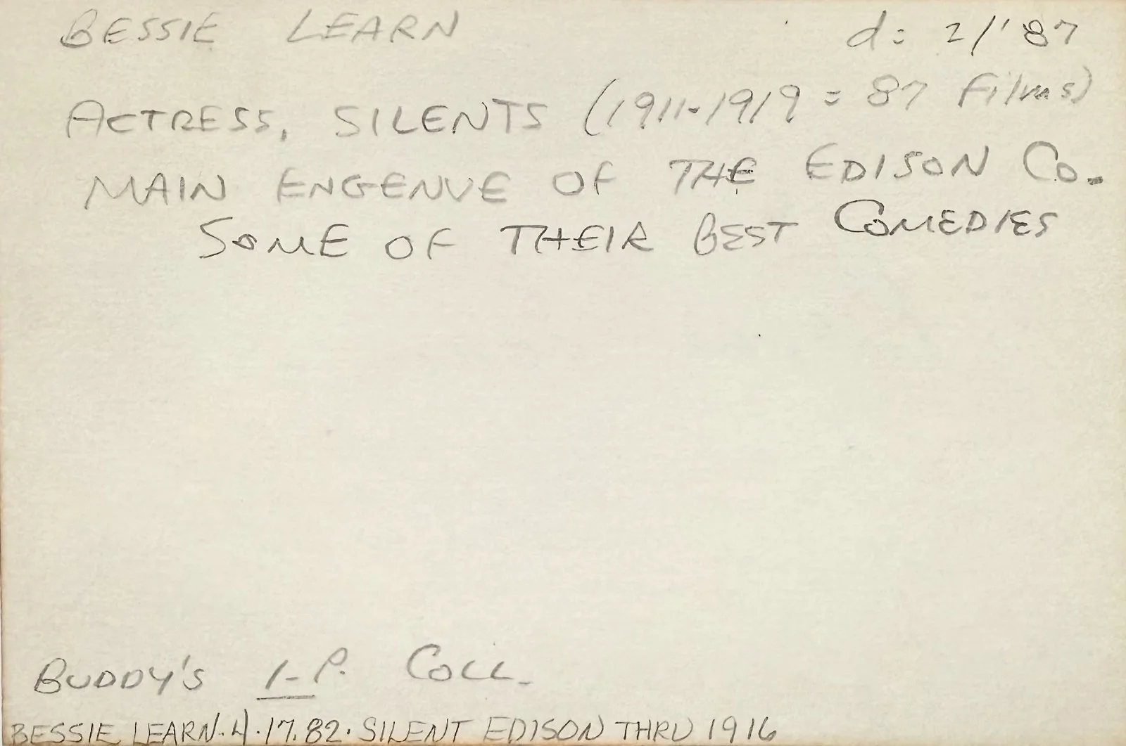 Bessie Learn — BESSIE LEARN Signed Autograph 4x6 INDEX CARD Shadow of Death The Lost Battalion, image 2