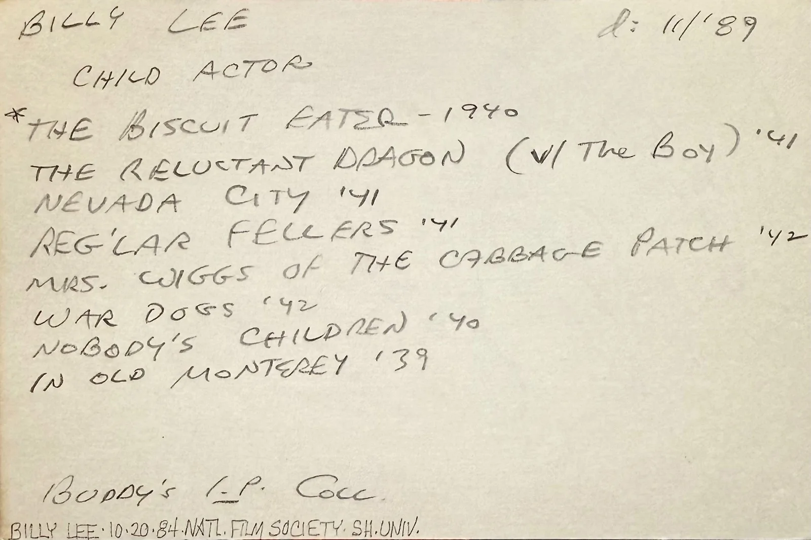Billy Lee — BILLY LEE Signed Autographed 4x6 INDEX CARD WAR DOGS The Biscuit Eater OUR GANG, изображение 2