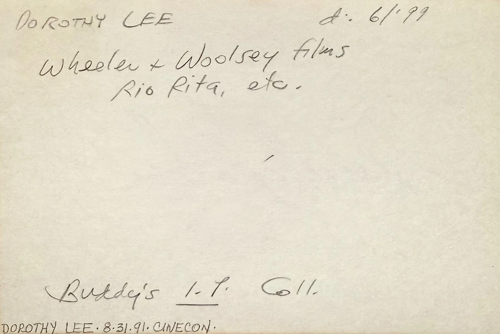 Dorothy Lee — DOROTHY LEE Signed Autographed 4"x 6" INDEX CARD Hips, Hips, Hooray! GIRL CRAZY, изображение 4