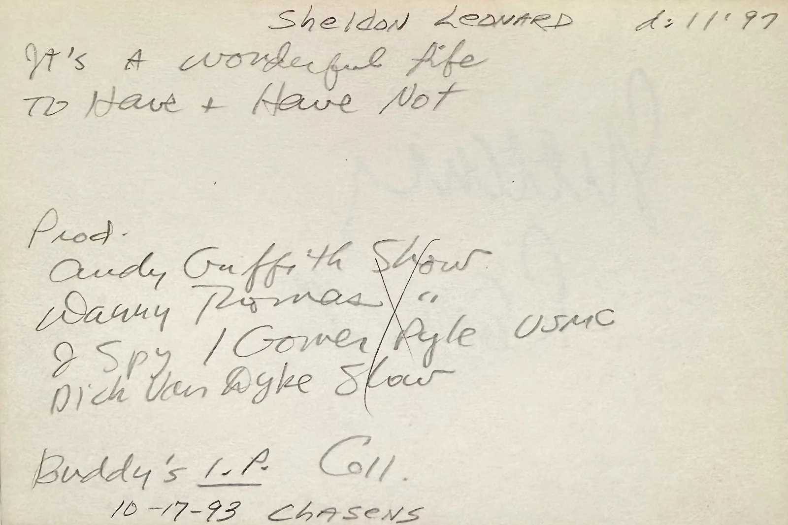 Sheldon Leonard — SHELDON LEONARD Signed Autographed 4"x 6" INDEX CARD To Have and Have Not I SPY, изображение 2