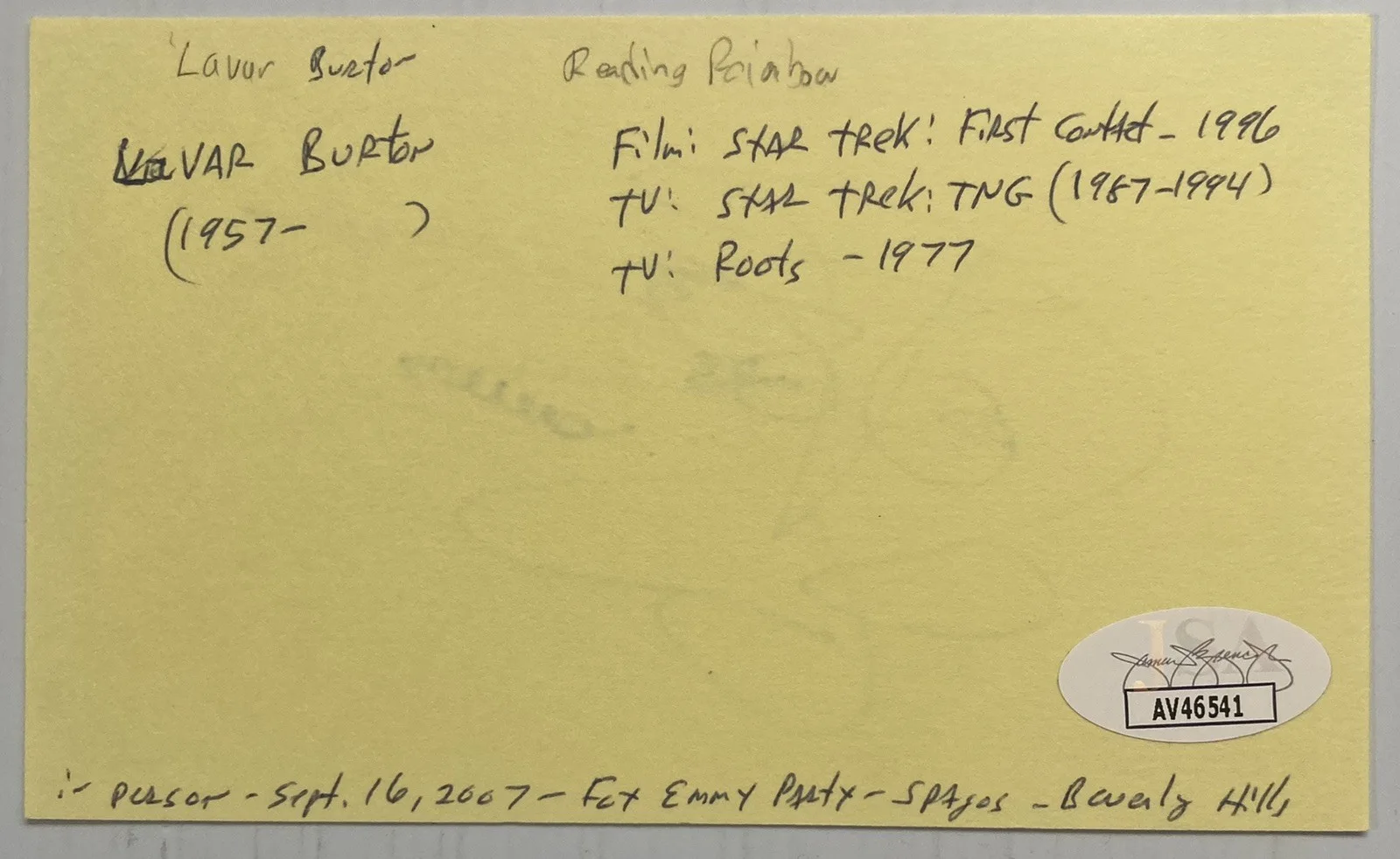 LeVar Burton — Star Trek TNG LeVar Burton Signed Autograph 3x5 Index Card - JSA Cert - FREE S&H, image 3