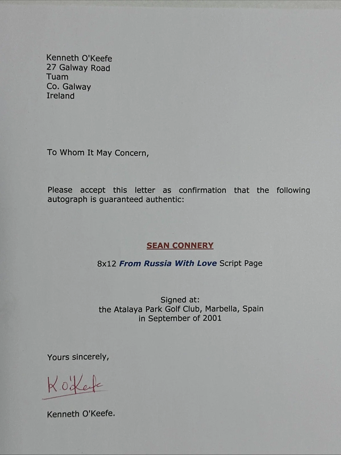 Sean Connery James Bond 007 Signed FRWL Script Sheet Personal COA, image 2