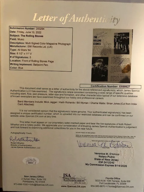 ROLLING STONES SIGNED MAGAZINE PAGE (5 SIGS) LOA JSA, image 2