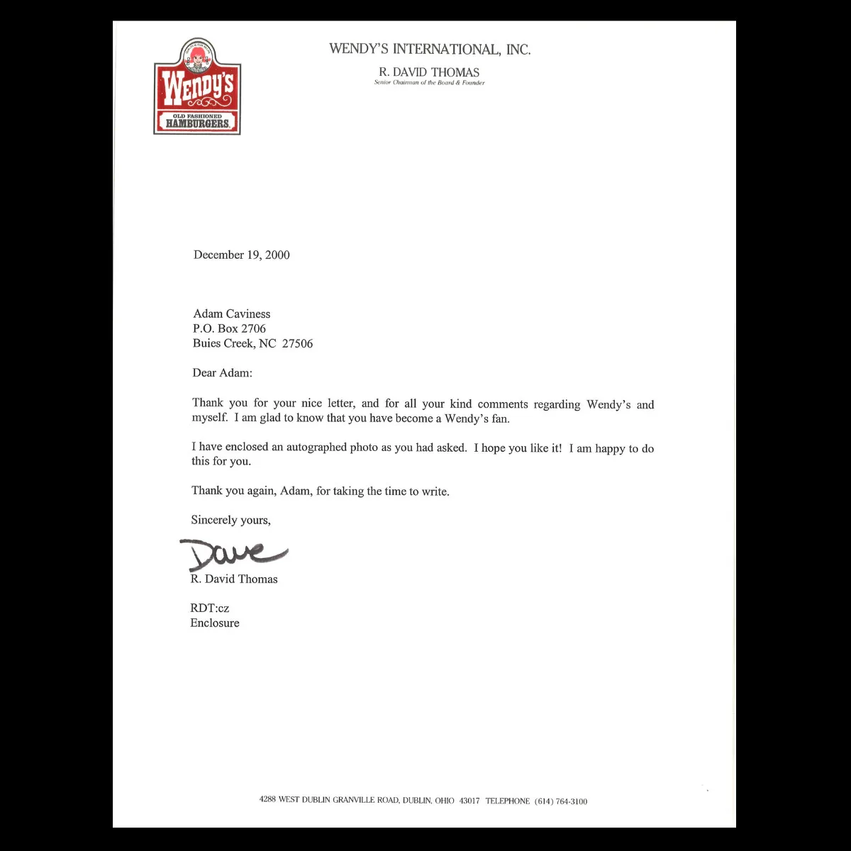 Dave Thomas Autographed Personalized 8x10 with Autographed Letter (JSA COA), image 2