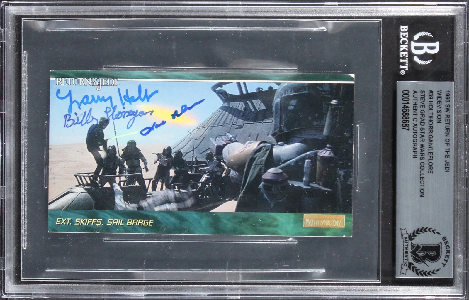 Larry Holt, Billy Horrigan & Julius LeFlore — (3) Holt, Horrigan +1 Signed 1996 Star Wars ROTJ Widevision #39 Card BAS Slabbed