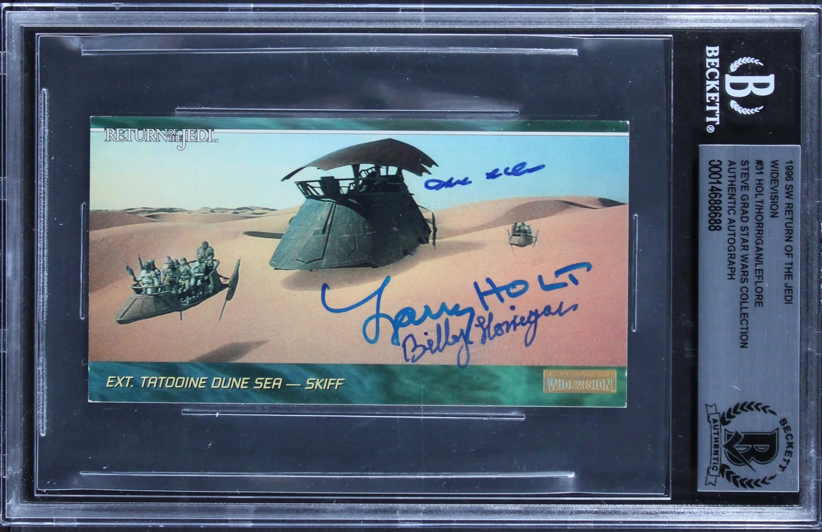 Larry Holt, Billy Horrigan & Julius LeFlore — (3) Holt, Horrigan +1 Signed 1996 Star Wars ROTJ Widevision #31 Card BAS Slabbed