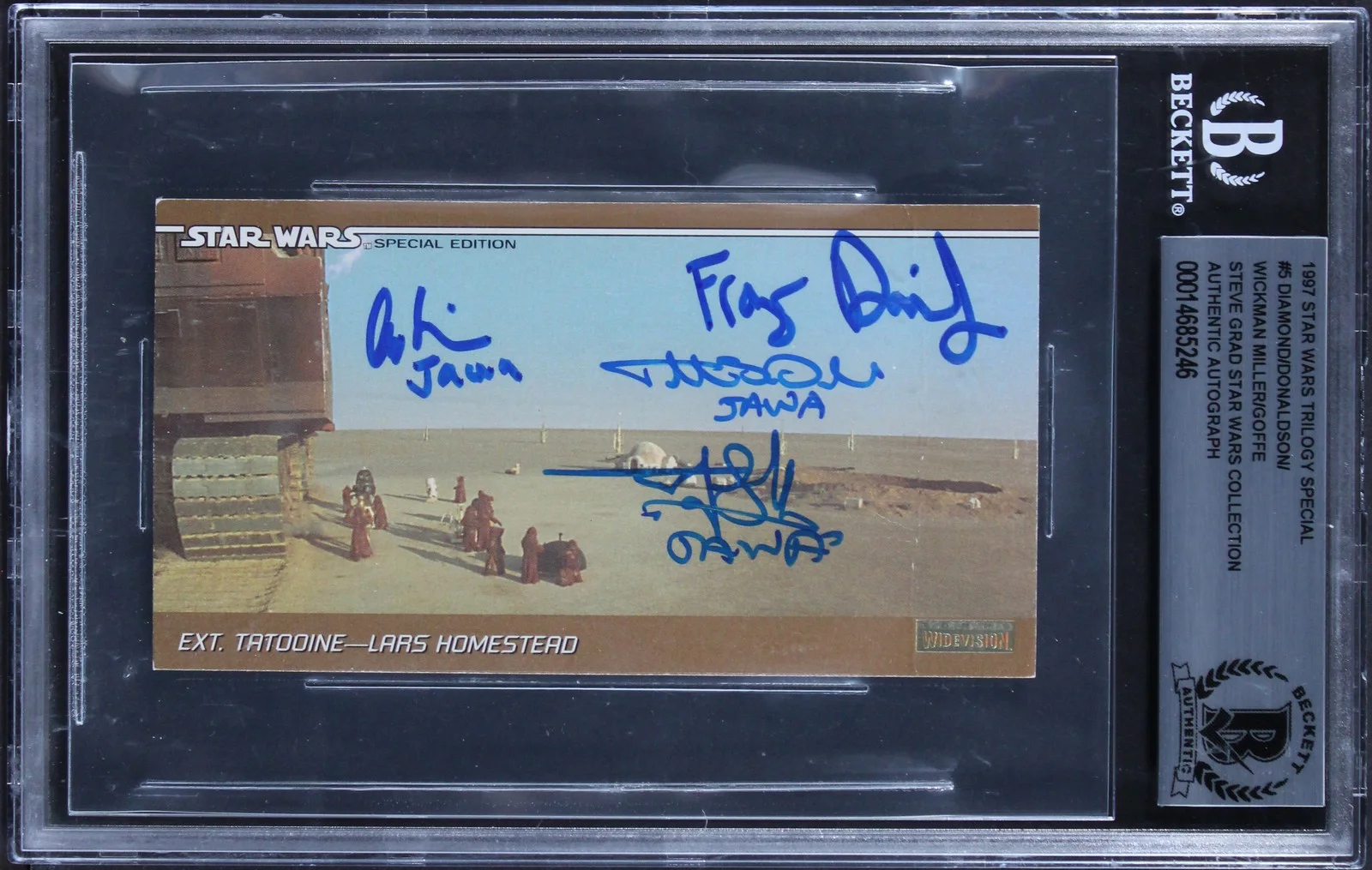 Frazer Diamond, Tim Donaldson, Andrea Wickman Miller & Rusty Goff — (4) Diamond, Goffe +2 Signed 1997 Star Wars Trilogy Special #5 Card BAS Slabbed