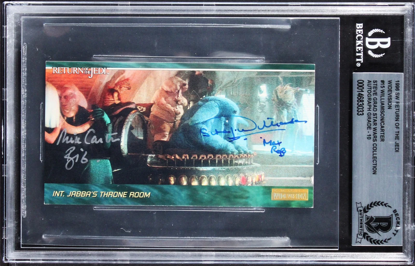 Simon J. Williamson & Michael Carter — (2) Carter & Williamson Signed 1996 Star Wars ROTJ #15 Card Auto 10! BAS Slabbed