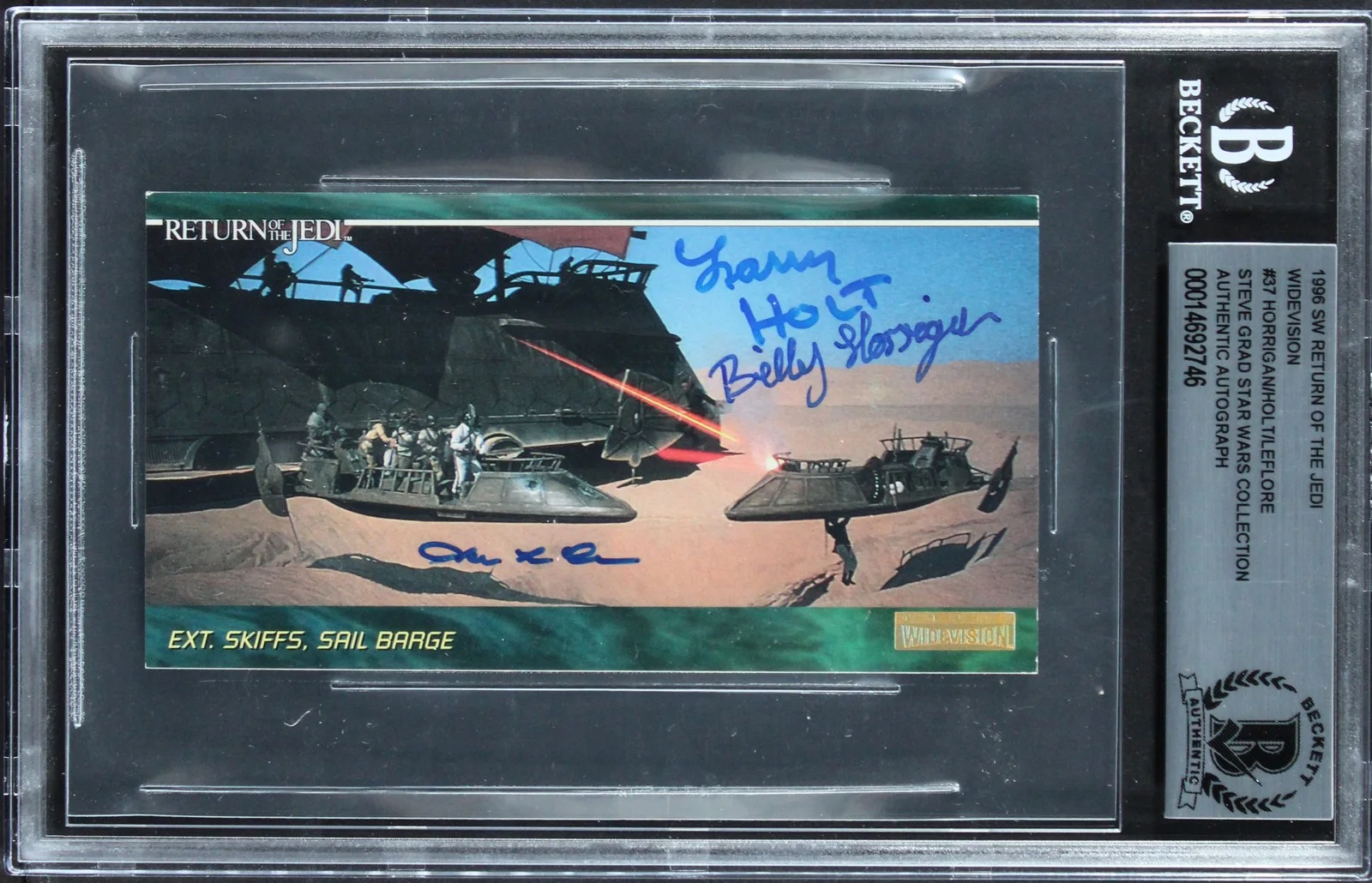 Billy Horrigan, Larry Holt & Julius LeFlore — (3) Horrigan, Holt +1 Signed 1996 Star Wars ROTJ Widevision #37 Card BAS Slabbed