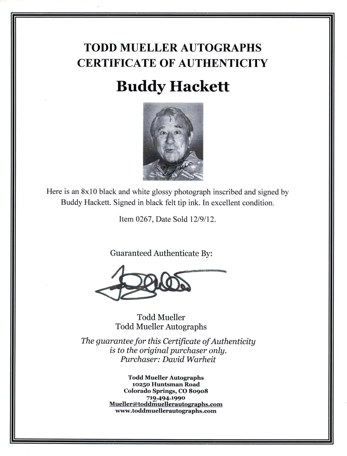 BUDDY HACKETT "MAD MAD MAD WORLD" 1924-2003 Hand Signed AUTOGRAPHED 8x10 PHOTO, изображение 2