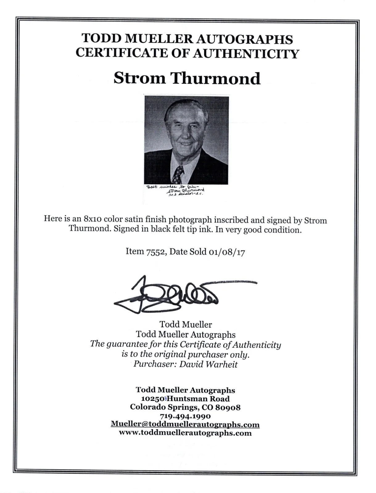 Strom Thurmond SENATOR Hand Signed AUTOGRAPHED 8x10 PHOTO, image 2