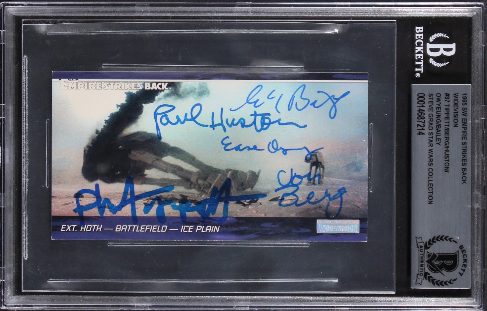 Phil Tippett, Jon Berg, Paul Huston, Ease Owyeung & Charlie Bayle — (5) Tippett, Huston +3 Signed 1995 Star Wars ESB Widevision #37 Card BAS Slabbed