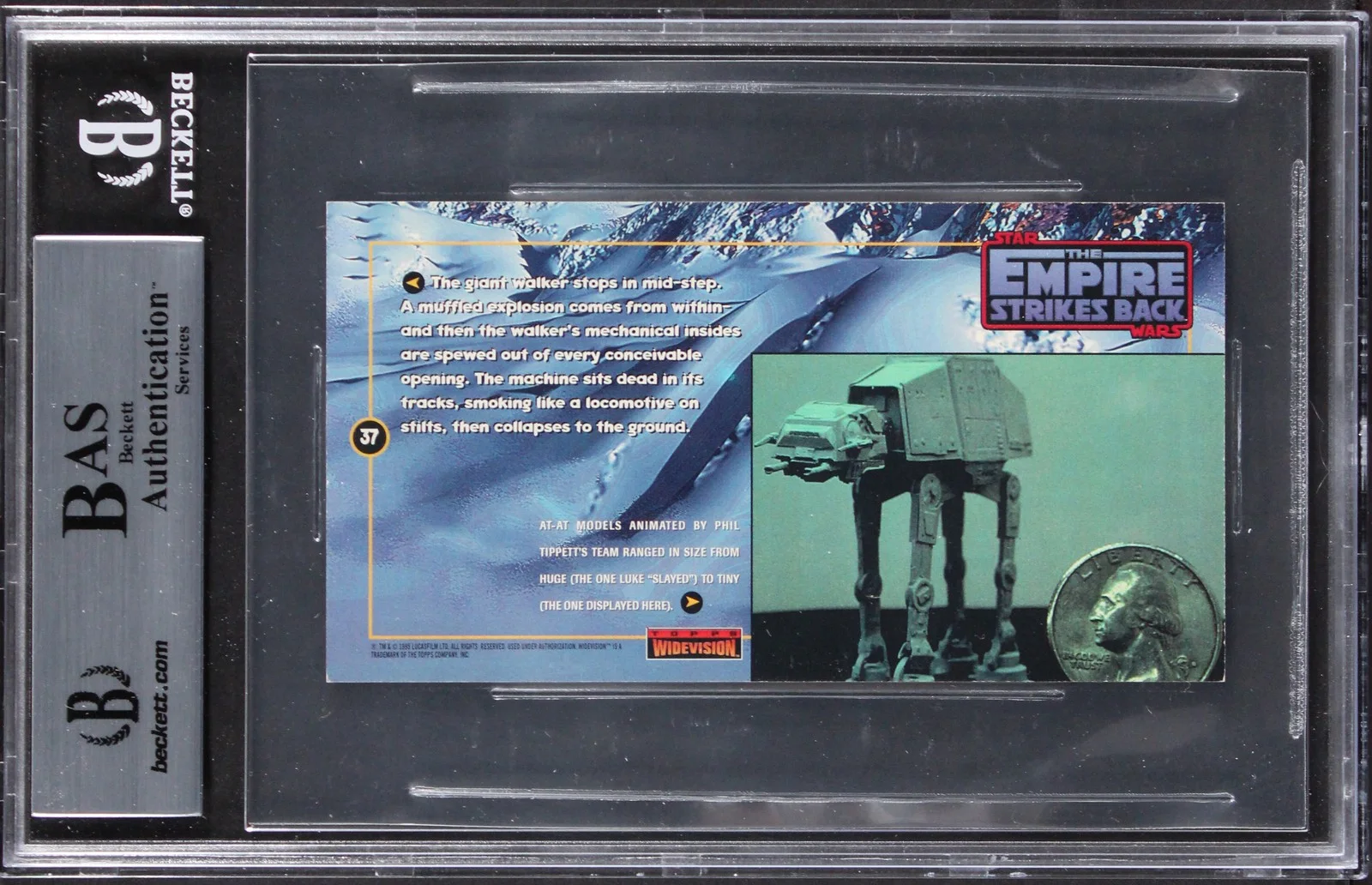 Phil Tippett, Jon Berg, Paul Huston, Ease Owyeung, Charlie Bayle — (5) Tippett, Huston +3 Signed 1995 Star Wars ESB Widevision #37 Card BAS Slabbed, изображение 2