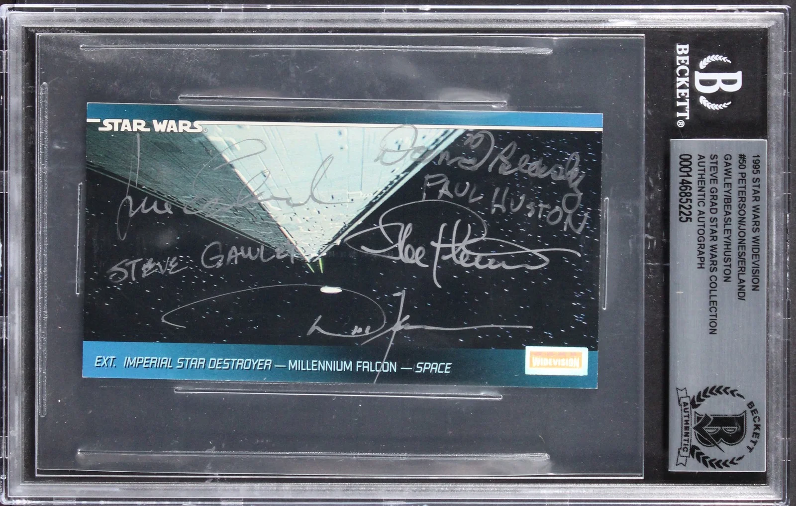 Lorne Peterson, Jonathan Erland, Steve Gawley, David Beasley, Pau — (6) Peterson, Beasley +4 Signed 1995 Star Wars Widevision #50 Card BAS Slabbed