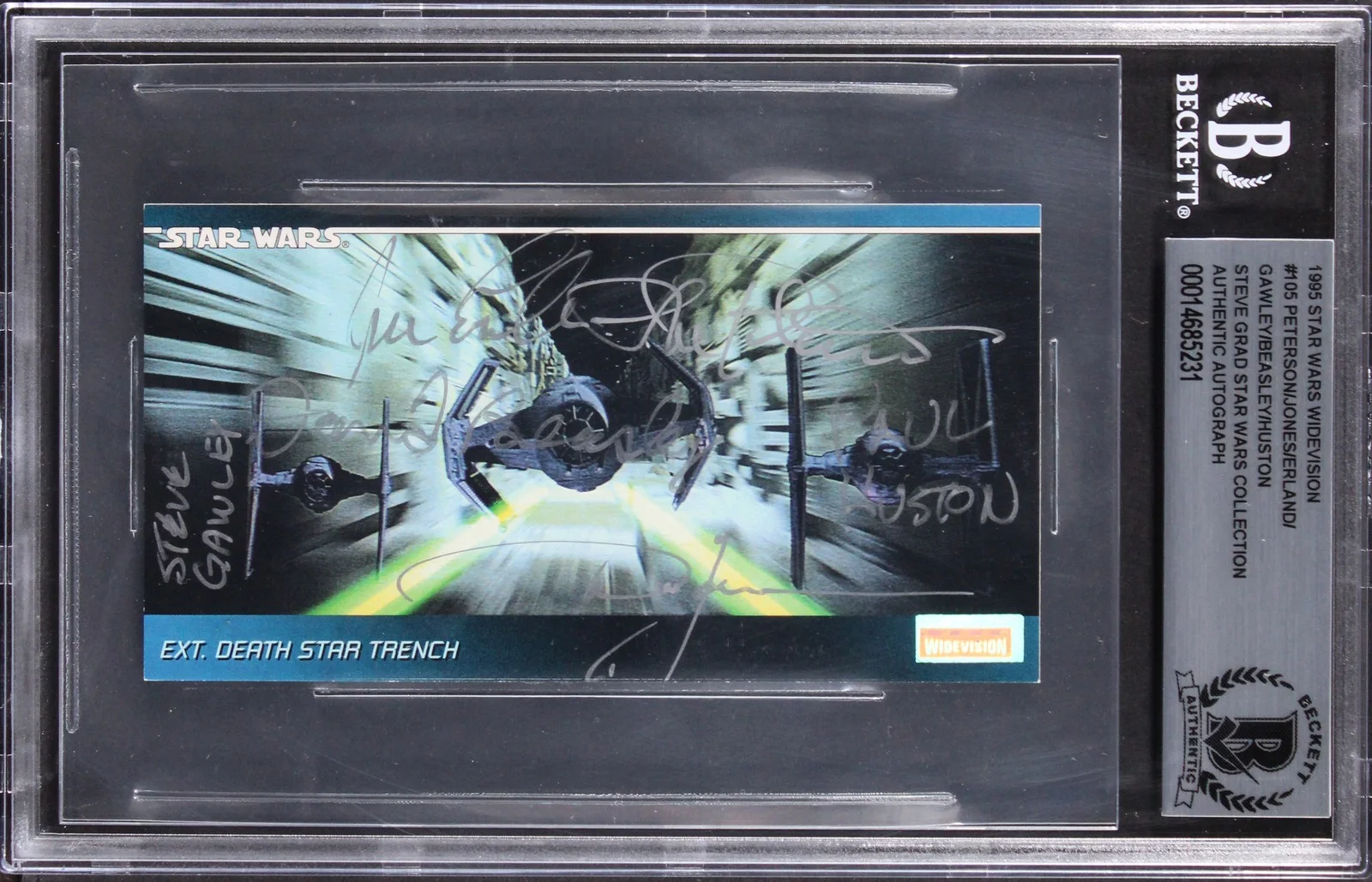 Lorne Peterson, Jonathan Erland, Steve Gawley, David Beasley, Pau — (6) Peterson, Erland +4 Signed 1995 Star Wars Widevision #105 Card BAS Slabbed