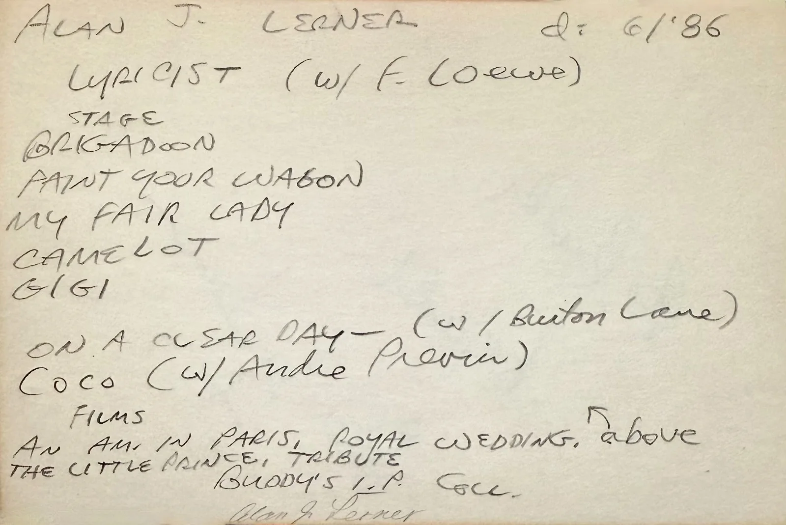 Alan Jay Lerner — ALAN JAY LERNER Signed Autograph 4 x 6 INDEX CARD American Lyricist & Librettist, image 2