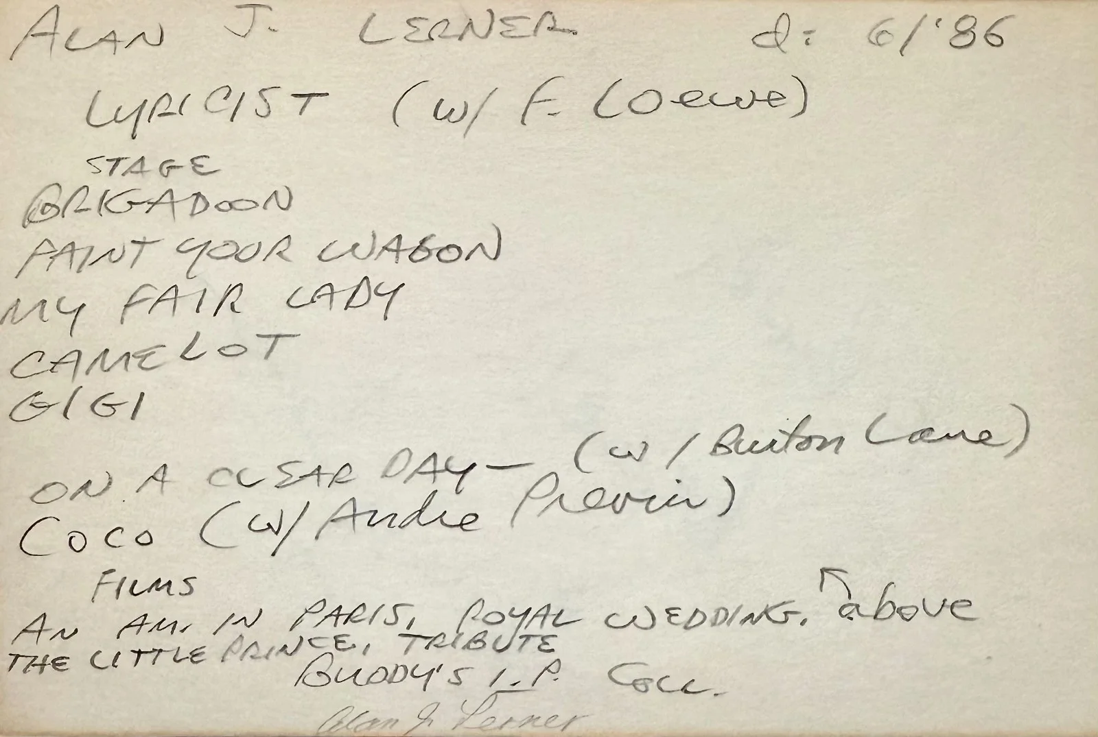 Alan Jay Lerner — ALAN JAY LERNER Signed Autograph 4 x 6 INDEX CARD American Lyricist & Librettist, image 4