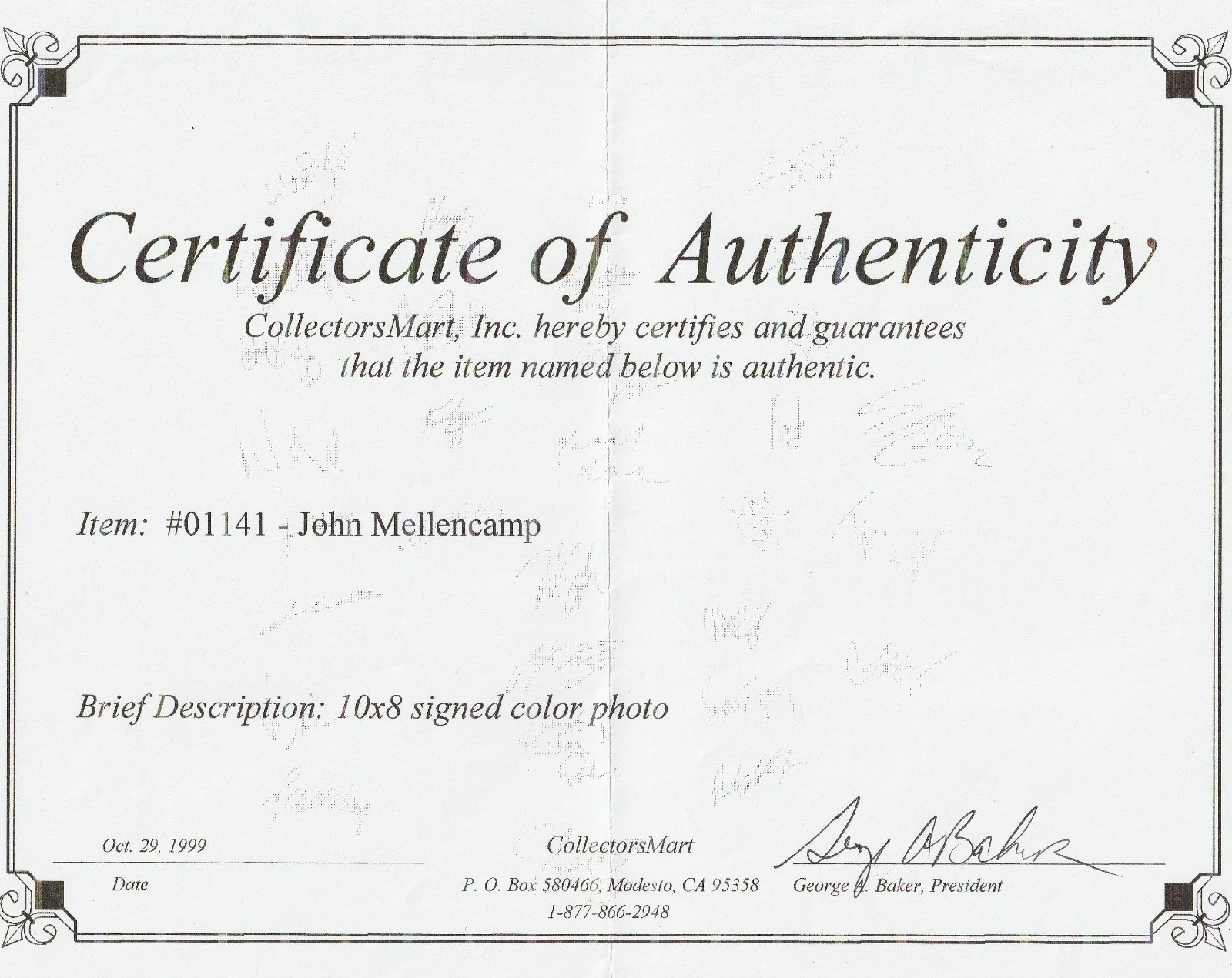 John Mellencamp 1999 Autographed Photo 8x10 COA Backstage Pass Concord CA May 12, изображение 2