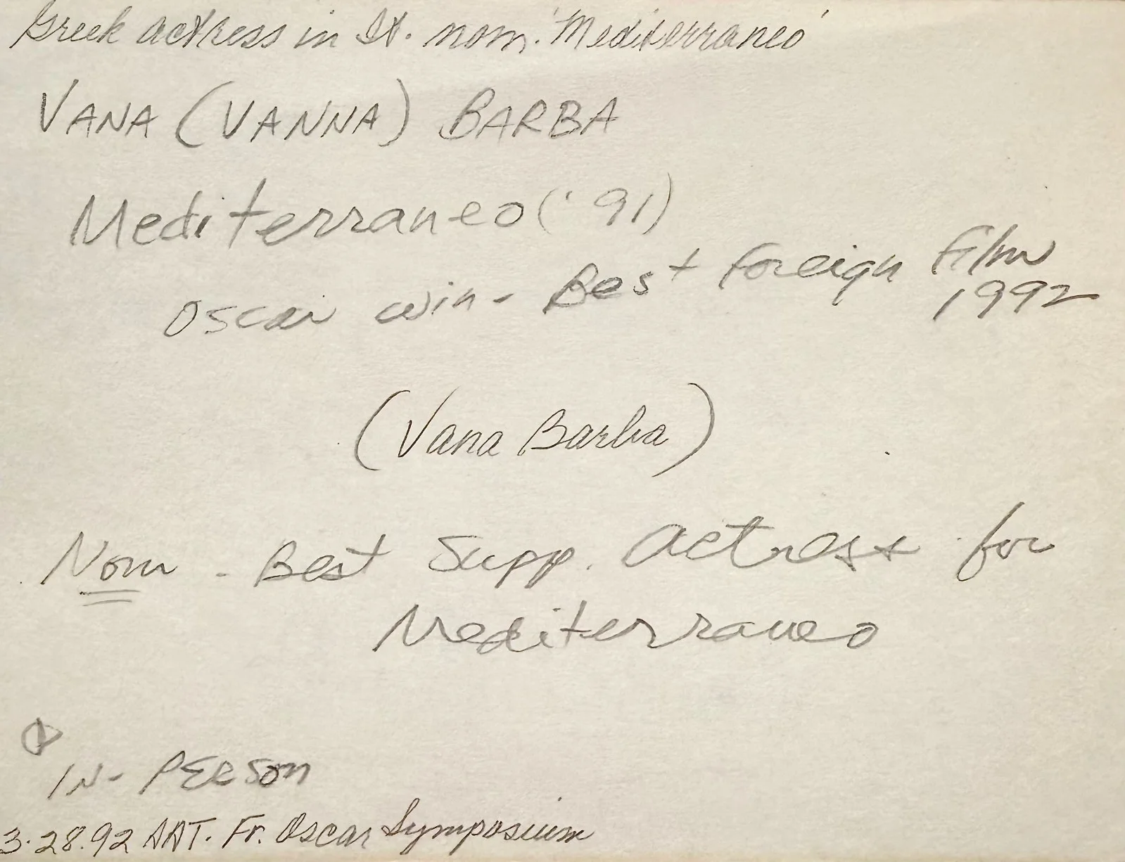 Vana Barba — VANA BARBA Signed Autographed 4" x 5" INDEX CARD Ante Geia Tzivaeri Mediterraneo, изображение 2