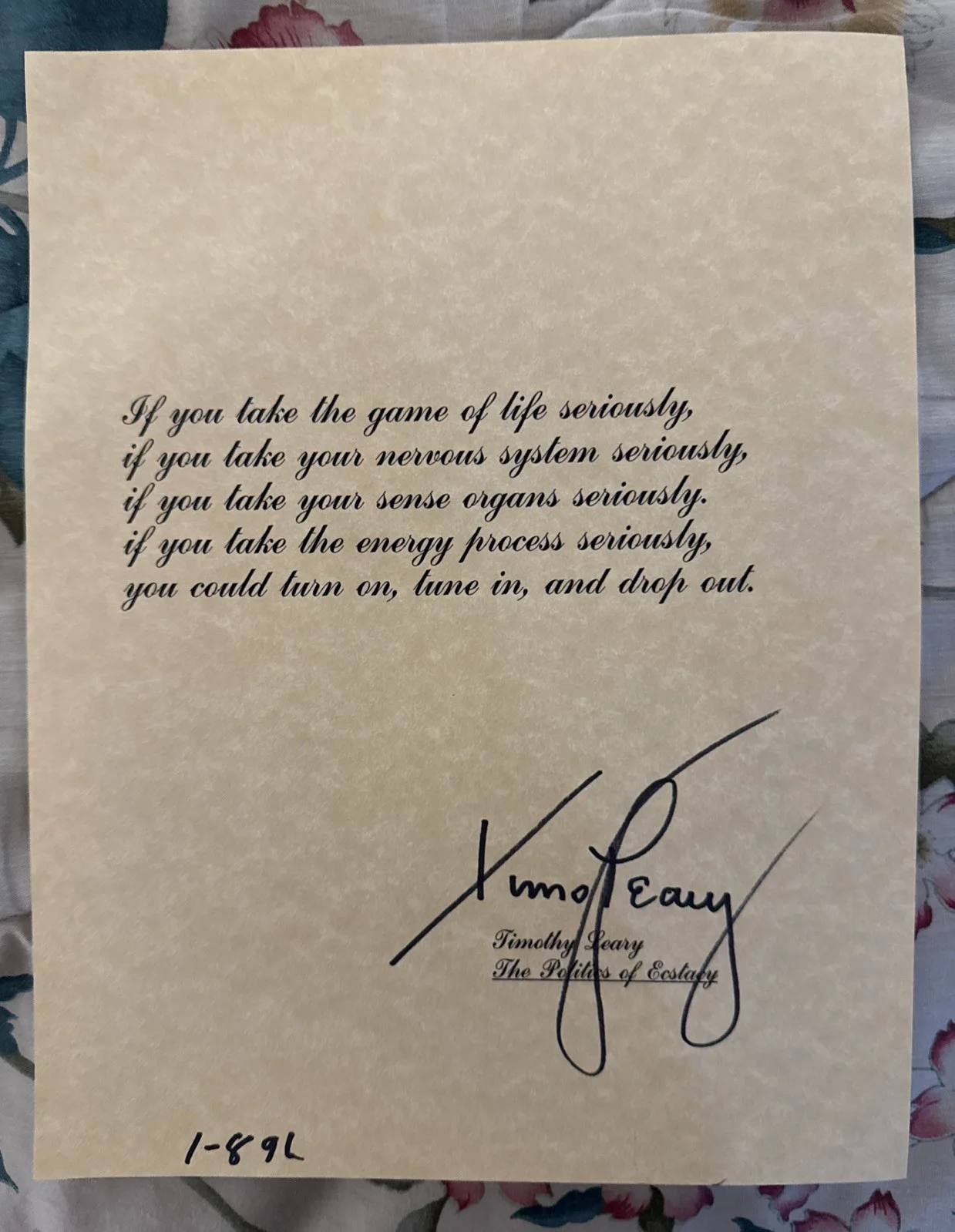 TIMOTHY LEARY SIGNED TURN ON TUNE IN DROP OUT QUOTE UNCONDITIONALLY GUARANTEED, изображение 3