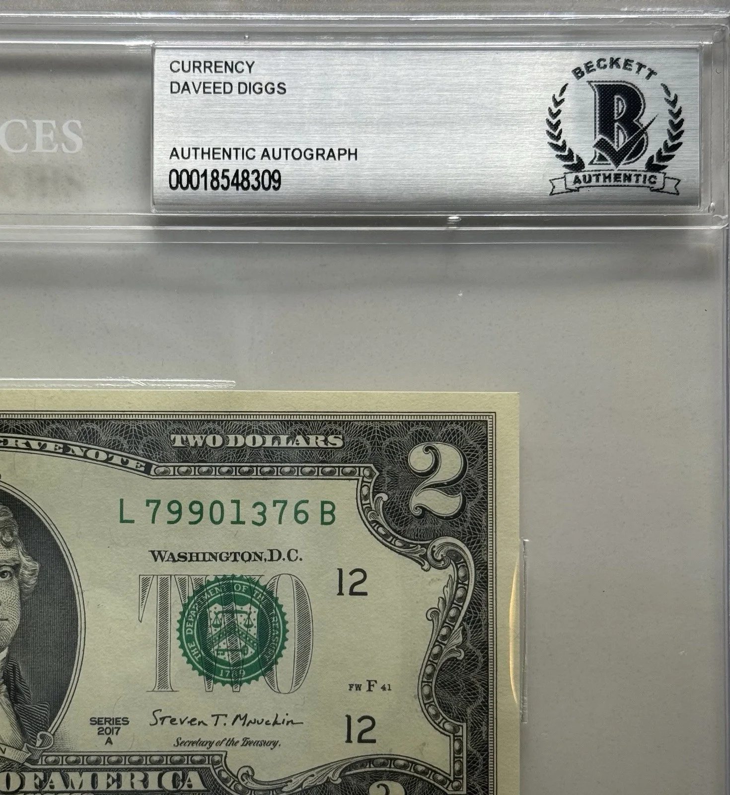 Daveed Diggs — Daveed Diggs Autograph Signed $2 Bill Hamilton Thomas Jefferson Beckett Slab COA, image 4