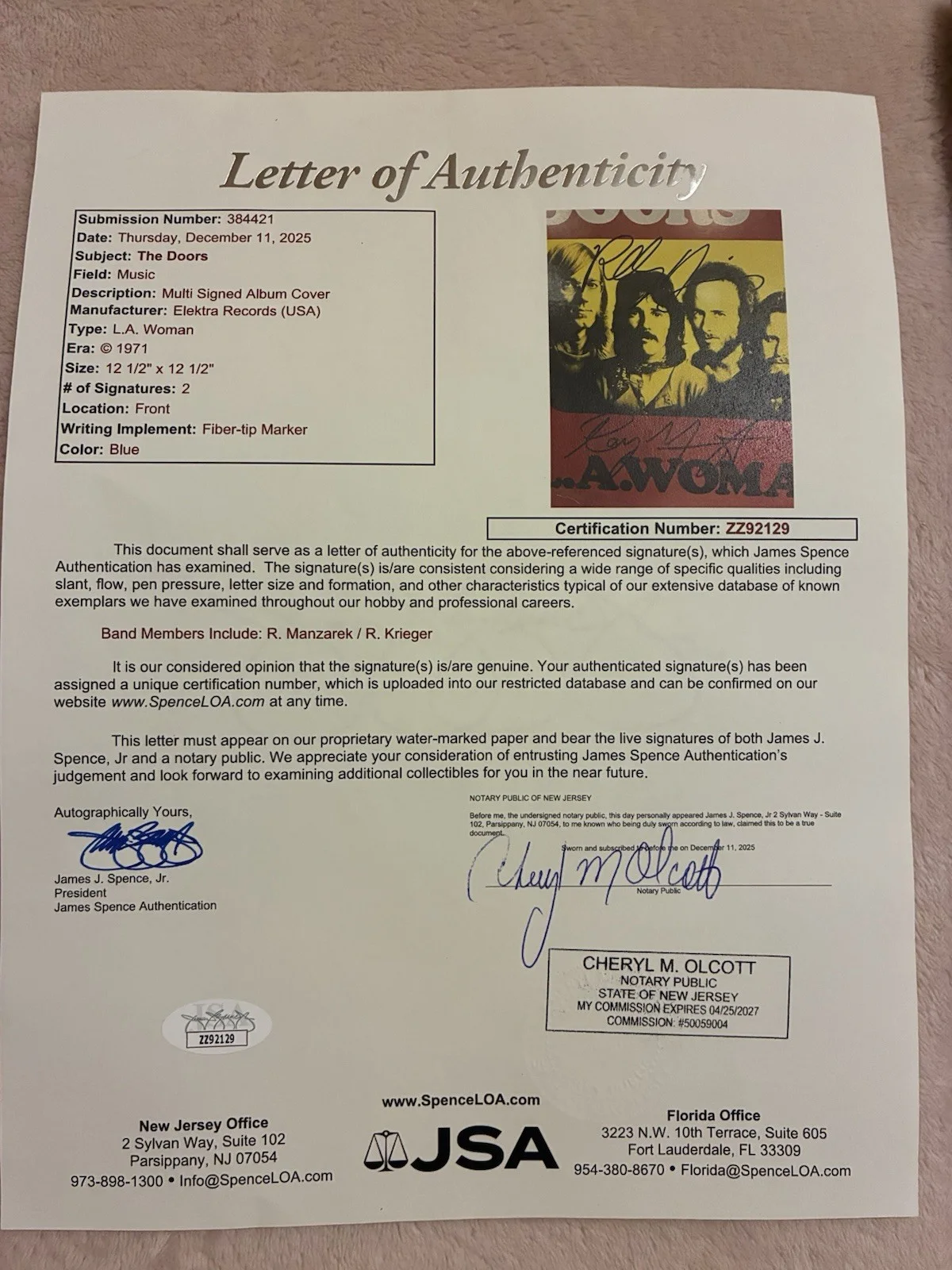 The Doors L.A. Woman Signed By Two, image 4