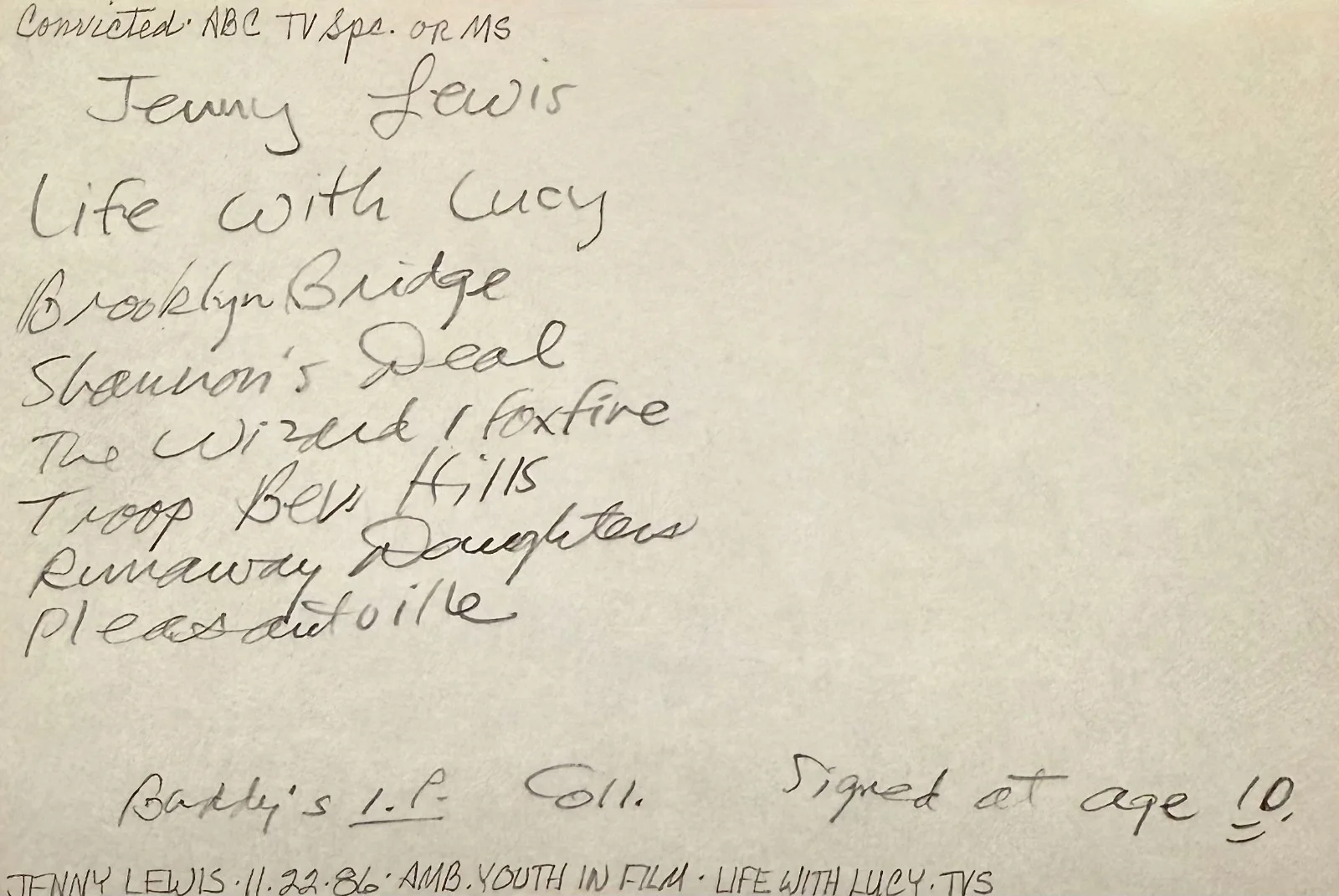 Jenny Lewis — JENNY LEWIS Autograph Signed 4x6 INDEX CARD Pleasantville Life with Lucy Age 10, изображение 2