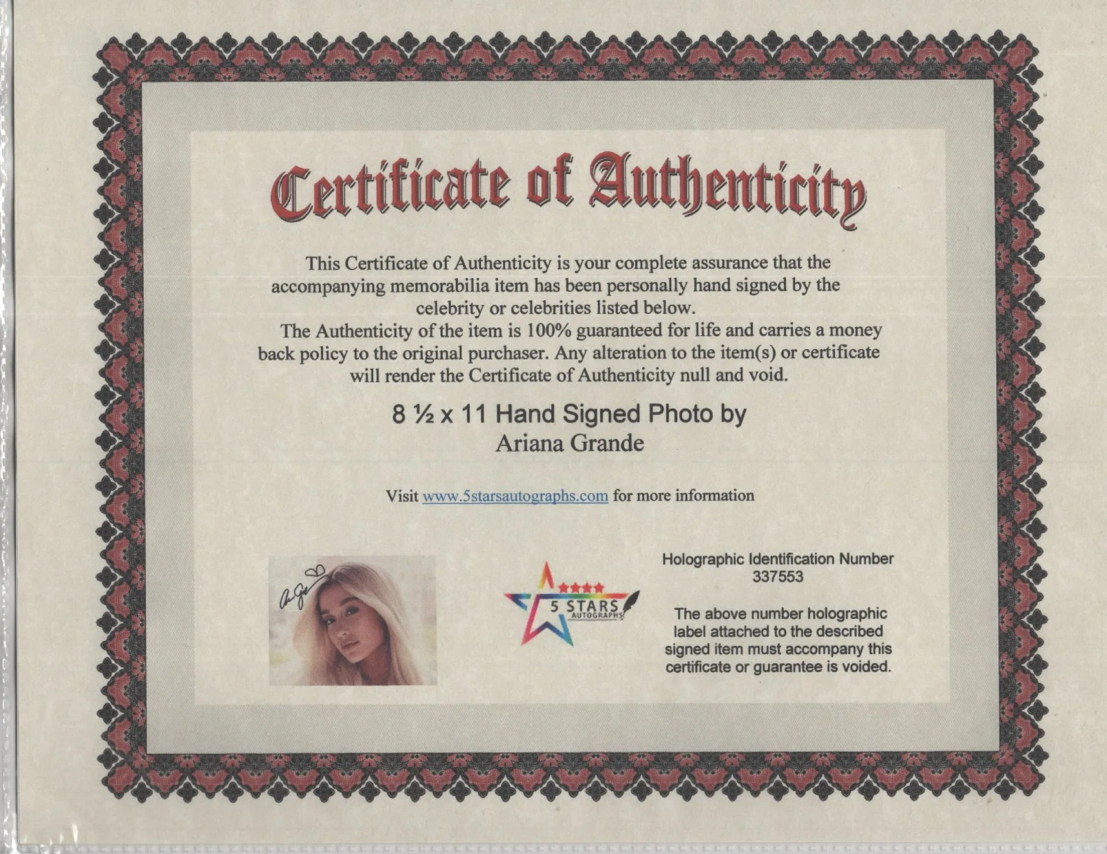 ARIANA GRANDE AUTOGRAPHED 8 1/2 X 11 COLOR PHOTO / COA, изображение 2