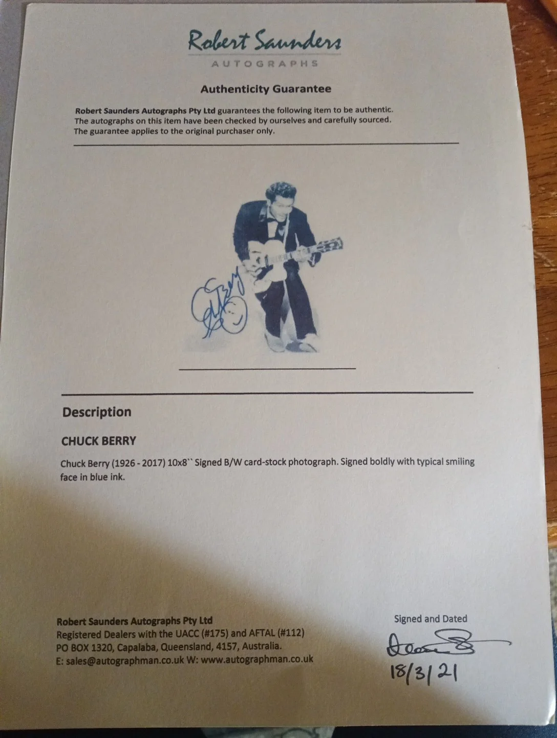 Chuck Berry Autographed 8x10 Photo With Coa, image 3