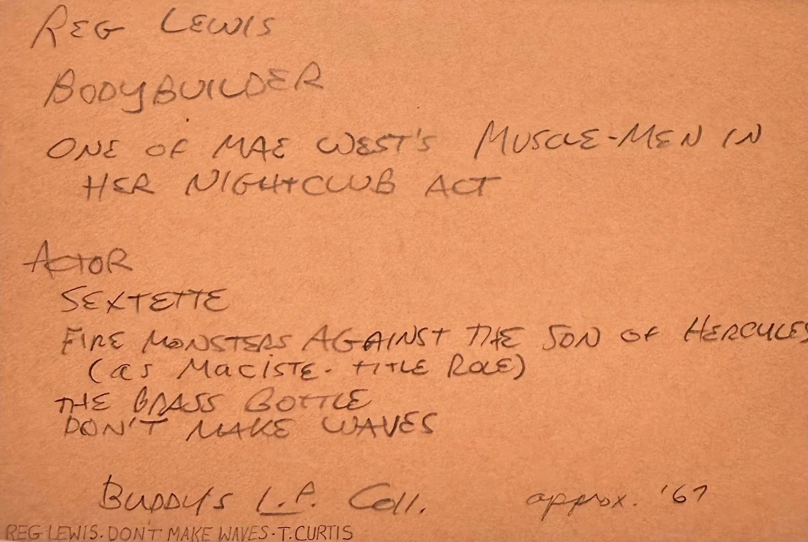 Reg Lewis — REG LEWIS Autograph Signed 4" x 6" INDEX CARD Bodybuilder Mr. America SEXTETTE, изображение 2