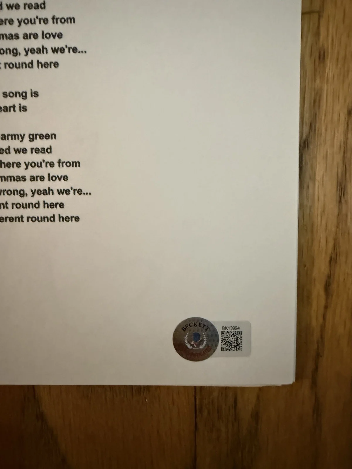 Riley Green signed AUTOGRAPH DIFFERENT ROUND HERE Lyric Sheet Album BAS COA, image 2