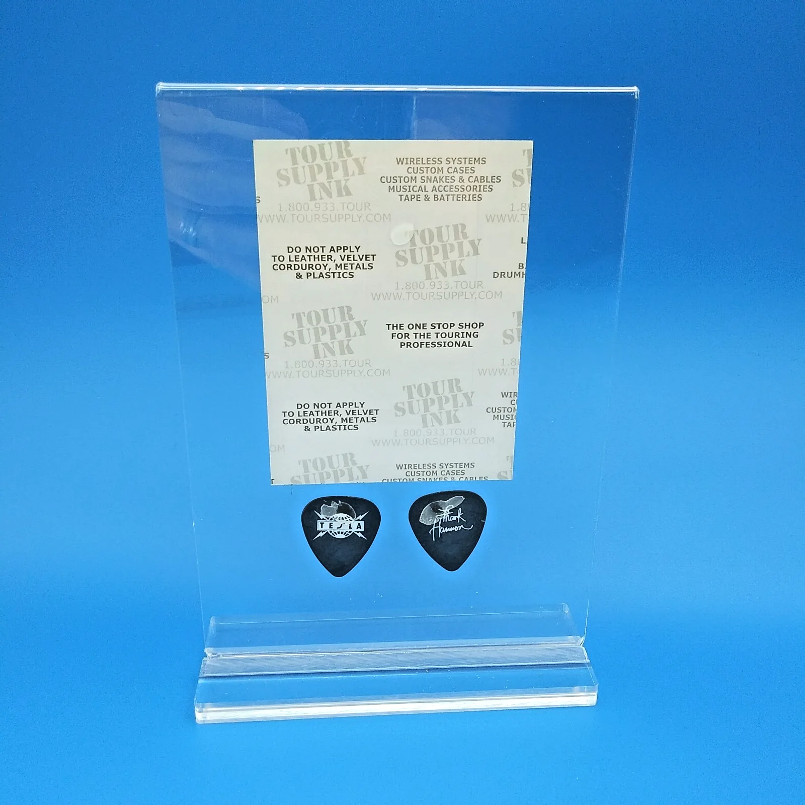 TESLA backstage pass 2 novelty signature guitar picks 7.25" acrylic display!, image 2
