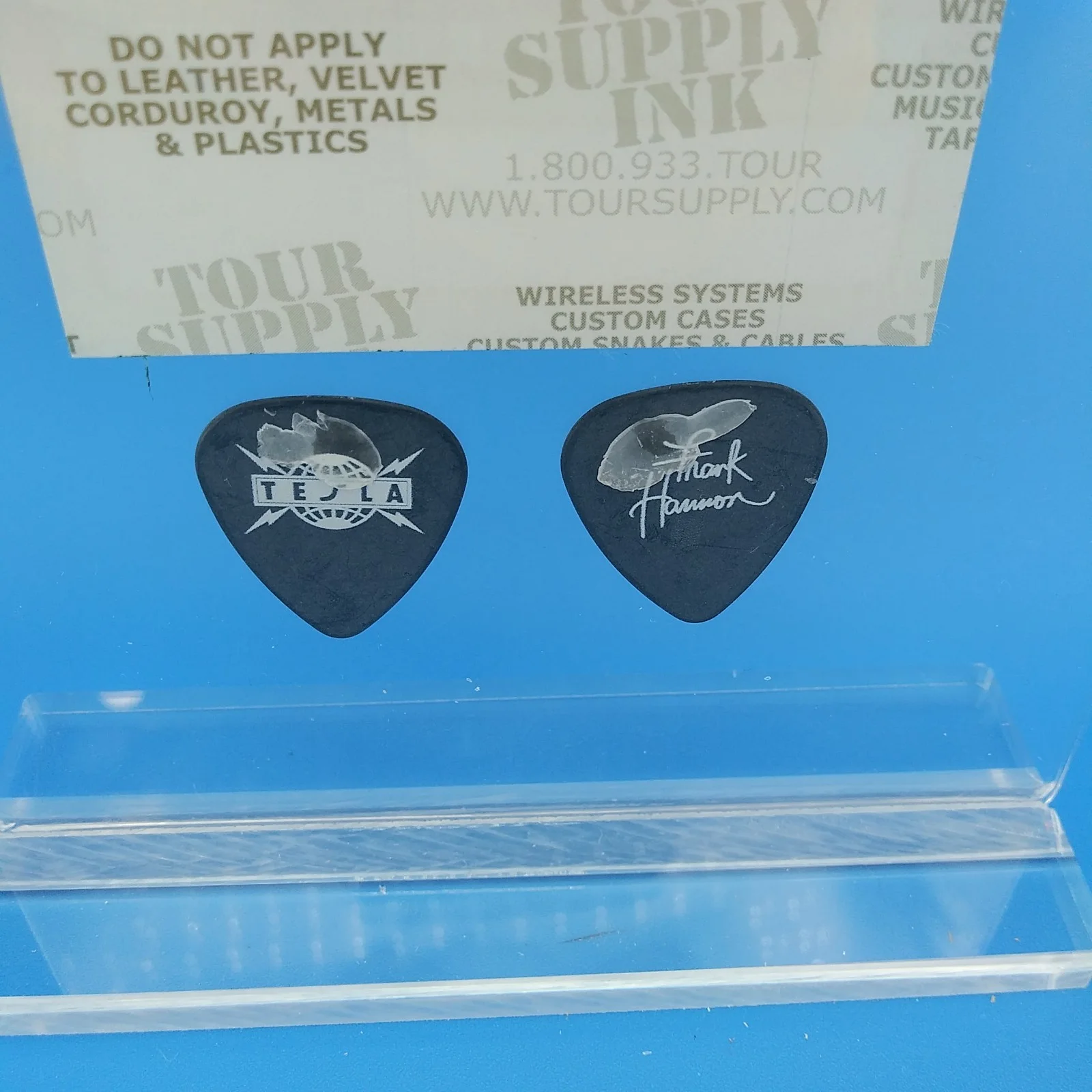 TESLA backstage pass 2 novelty signature guitar picks 7.25" acrylic display!, image 5