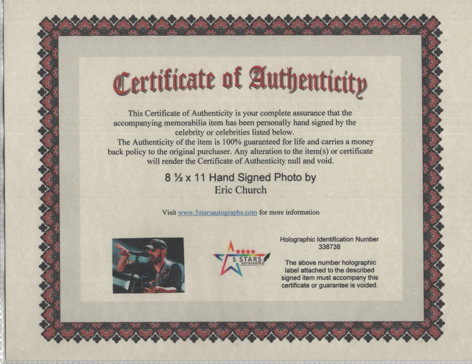 ERIC CHURCH HAND SIGNED 8 1/2 X 11 PHOTO / COA, image 2