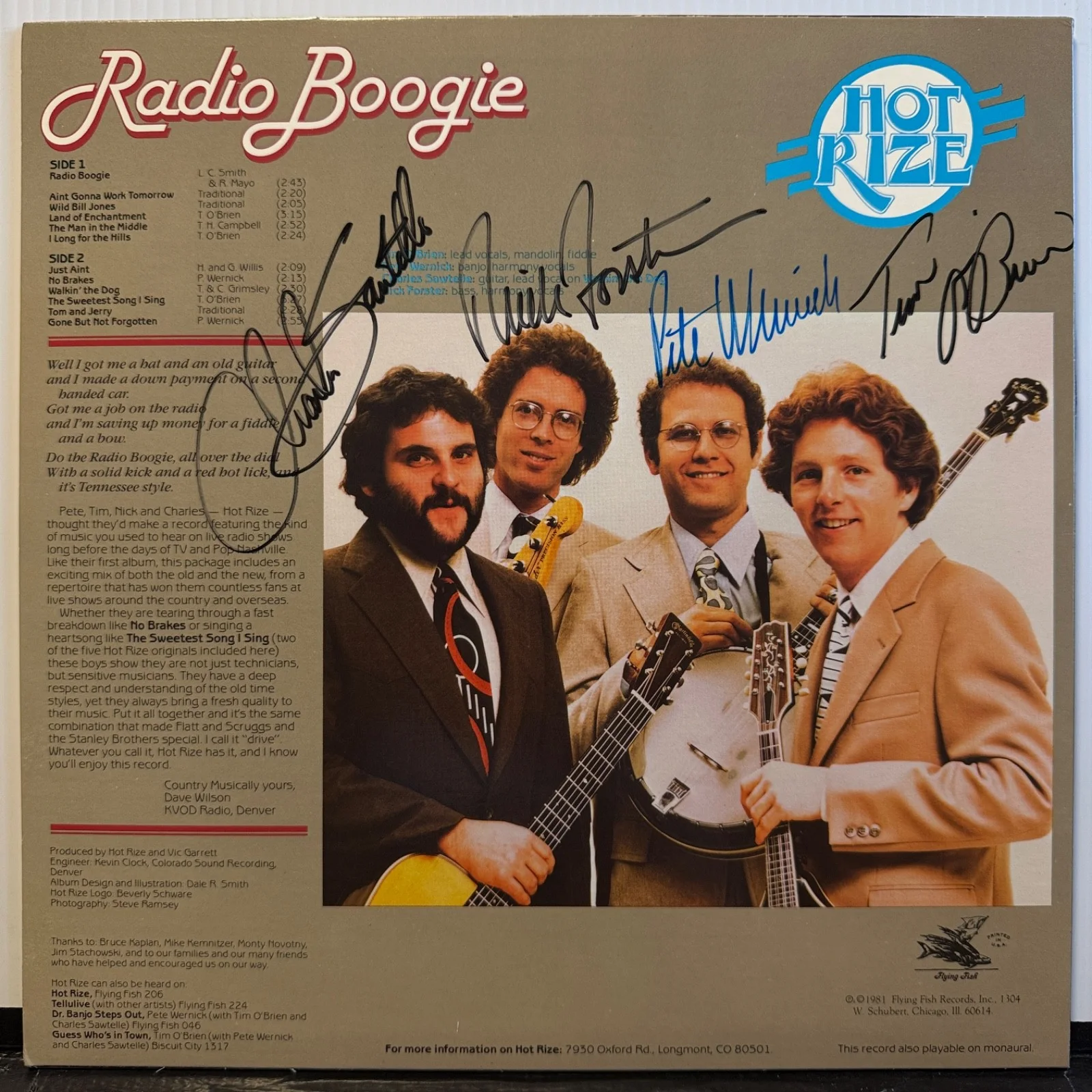 AUTOGRAPHED - HOT RIZE "Radio Boogie" Flying Fish FF 231 us VINYL - ON BACK CVR, image 2