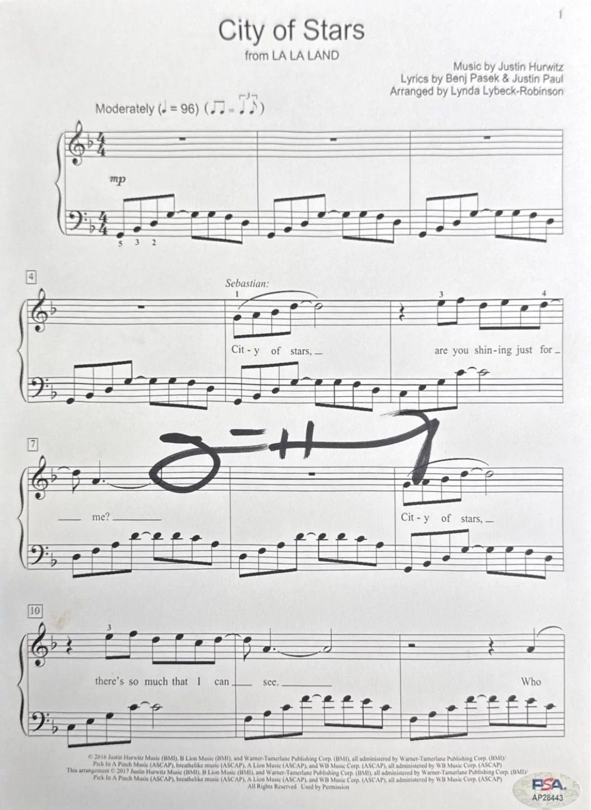 Justin Hurwitz — Justin Hurwitz Signed La La Land City Of Stars Music Sheet PSA AP28443, изображение 2