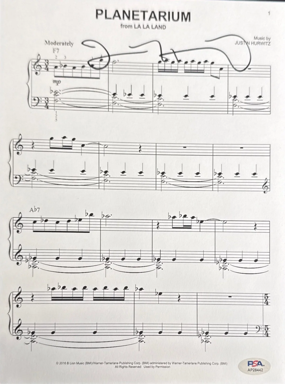 Justin Hurwitz — Justin Hurwitz Signed La La Land City Of Stars Music Sheet PSA AP28442, изображение 2