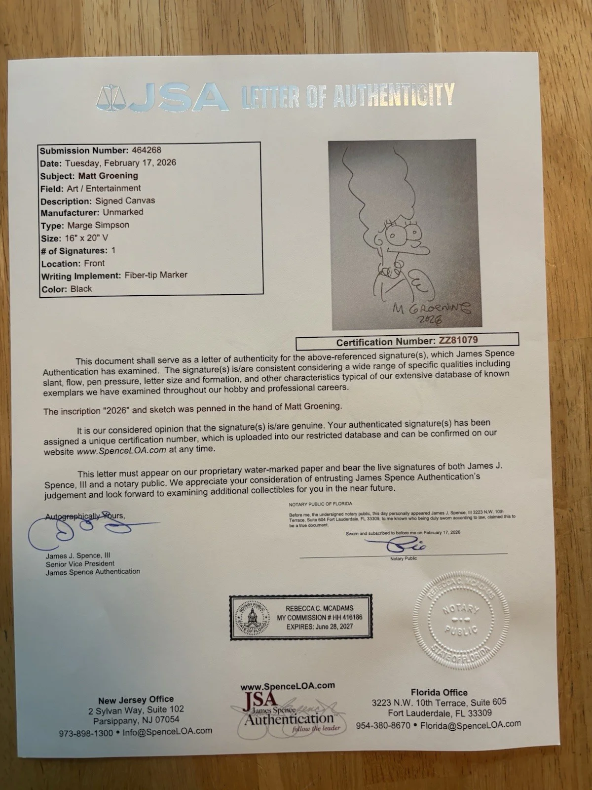 Matt Groening Signed 16x20 Canvas Marge Simpson Sketch JSA LOA, image 3