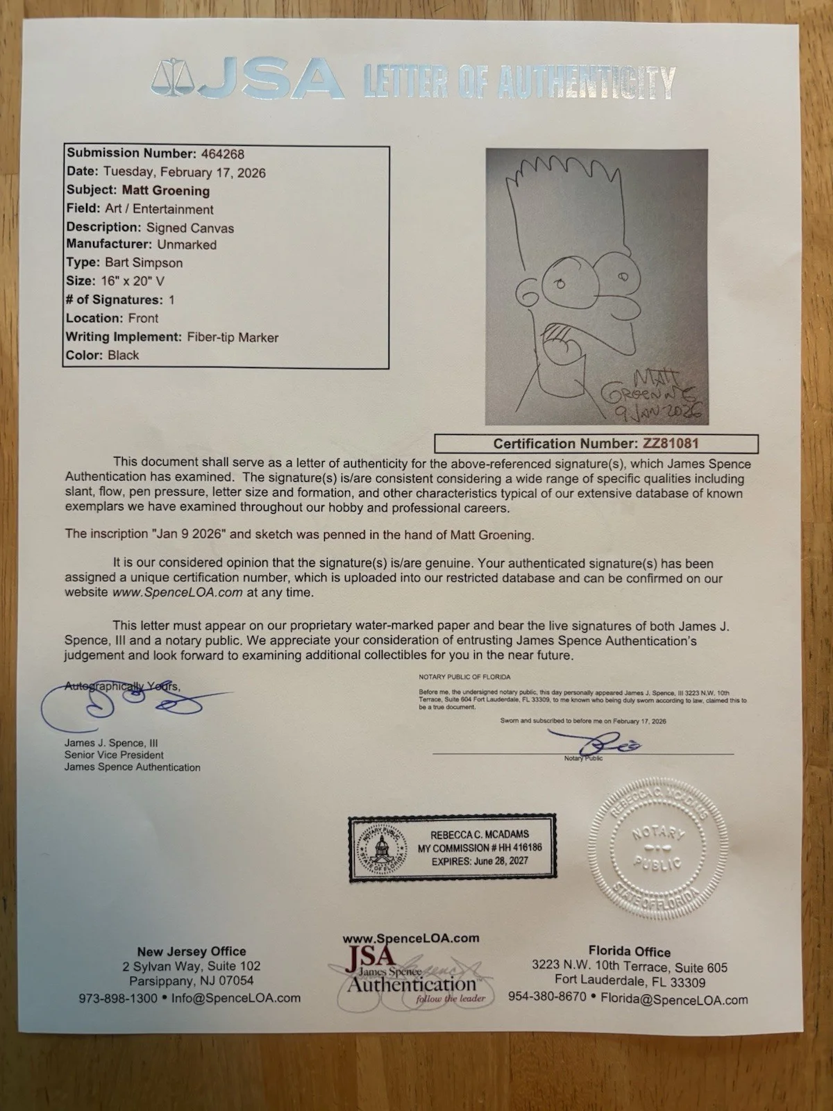 Matt Groening Signed 16x20 Canvas Bart Simpson Sketch JSA LOA, image 4