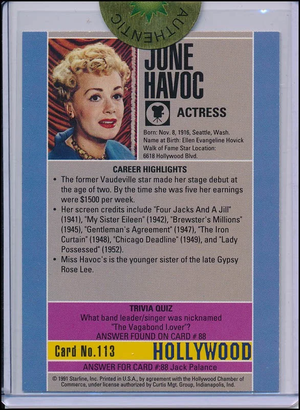 June Havoc — JUNE HAVOC - TRADING/SPORTS CARD SIGNED, image 2