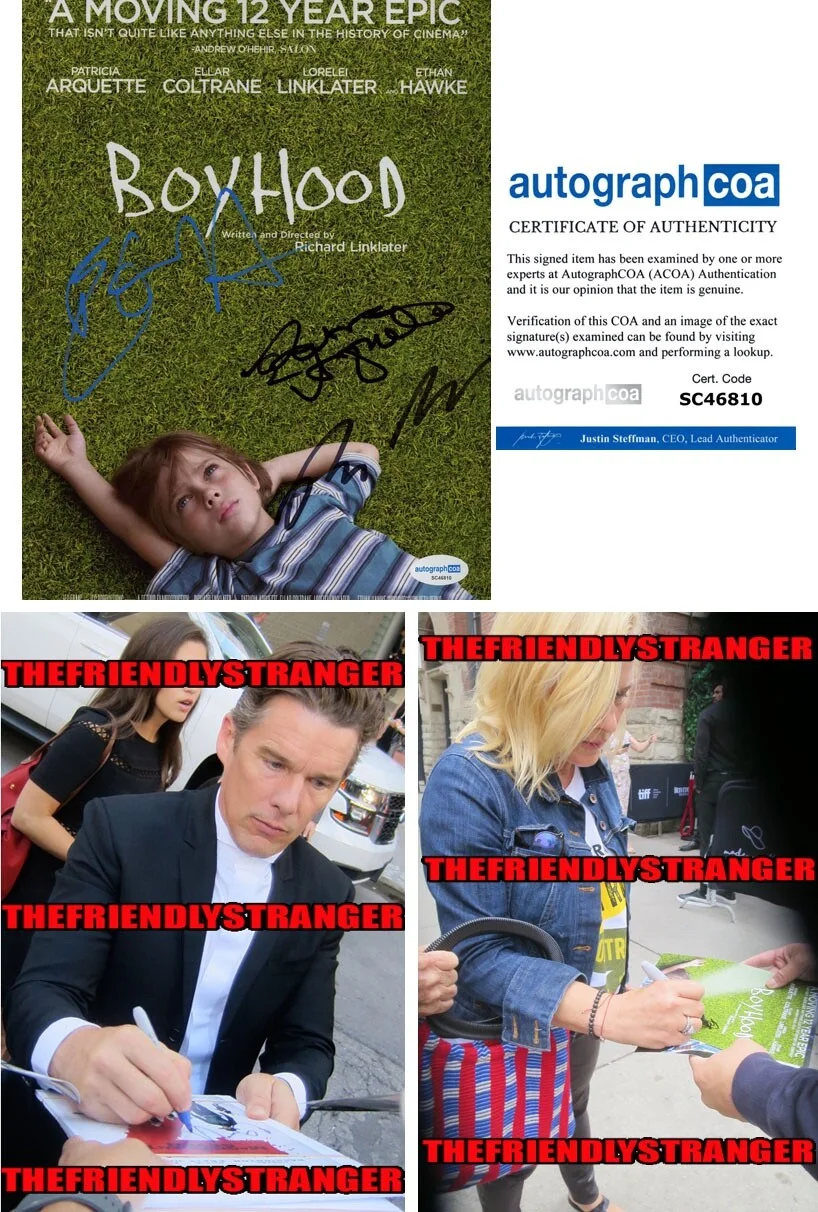 ETHAN HAWKE, PATRICIA ARQUETTE, RICHARD LINKLATER — Ethan Hawke PATRICIA ARQUETTE Richard Linklater signed "BOYHOOD" 8x10 Photo ACOA