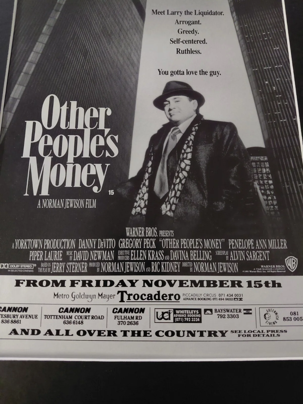 Other Peoples Money Movie Poster Original Movie Advert Mounted 14x11", изображение 3