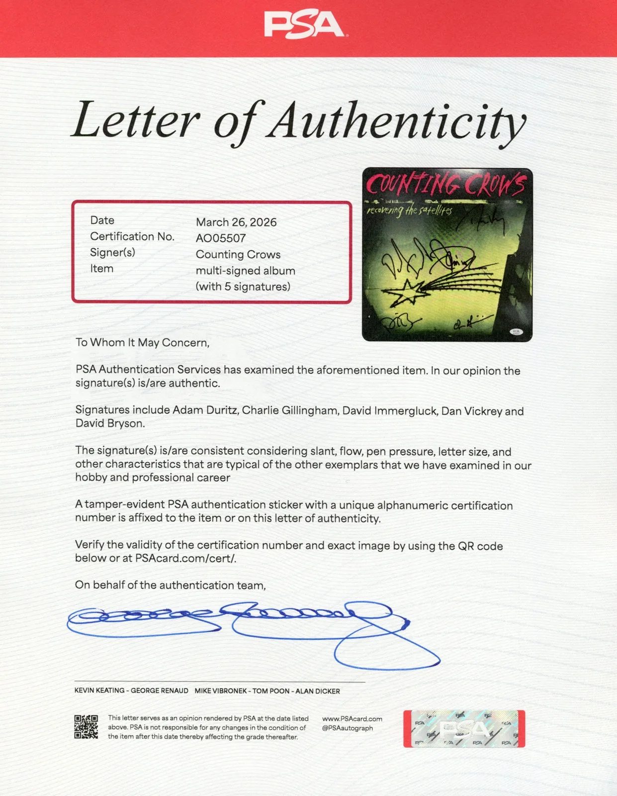 Counting Crows Signed Autographed Vinyl "Recovering the Satellites" PSA/DNA Auth, image 3
