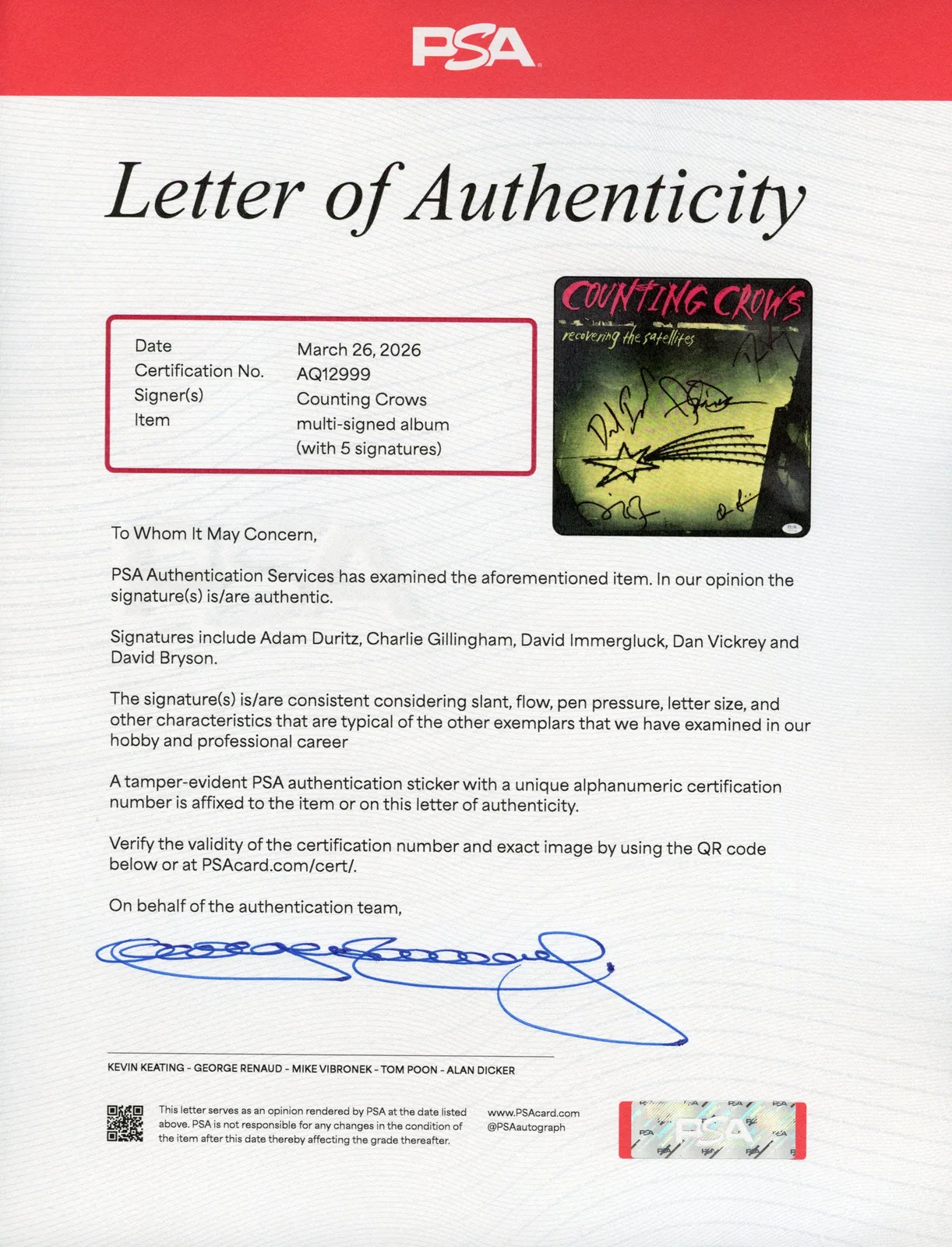 Counting Crows Signed Autographed Vinyl "Recovering the Satellites" PSA/DNA Auth, image 3