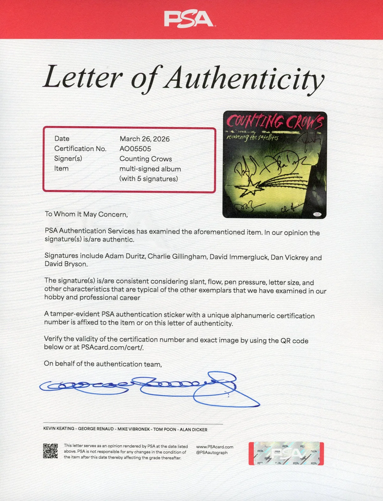 Counting Crows Signed Autographed Vinyl "Recovering the Satellites" PSA/DNA Auth, image 3