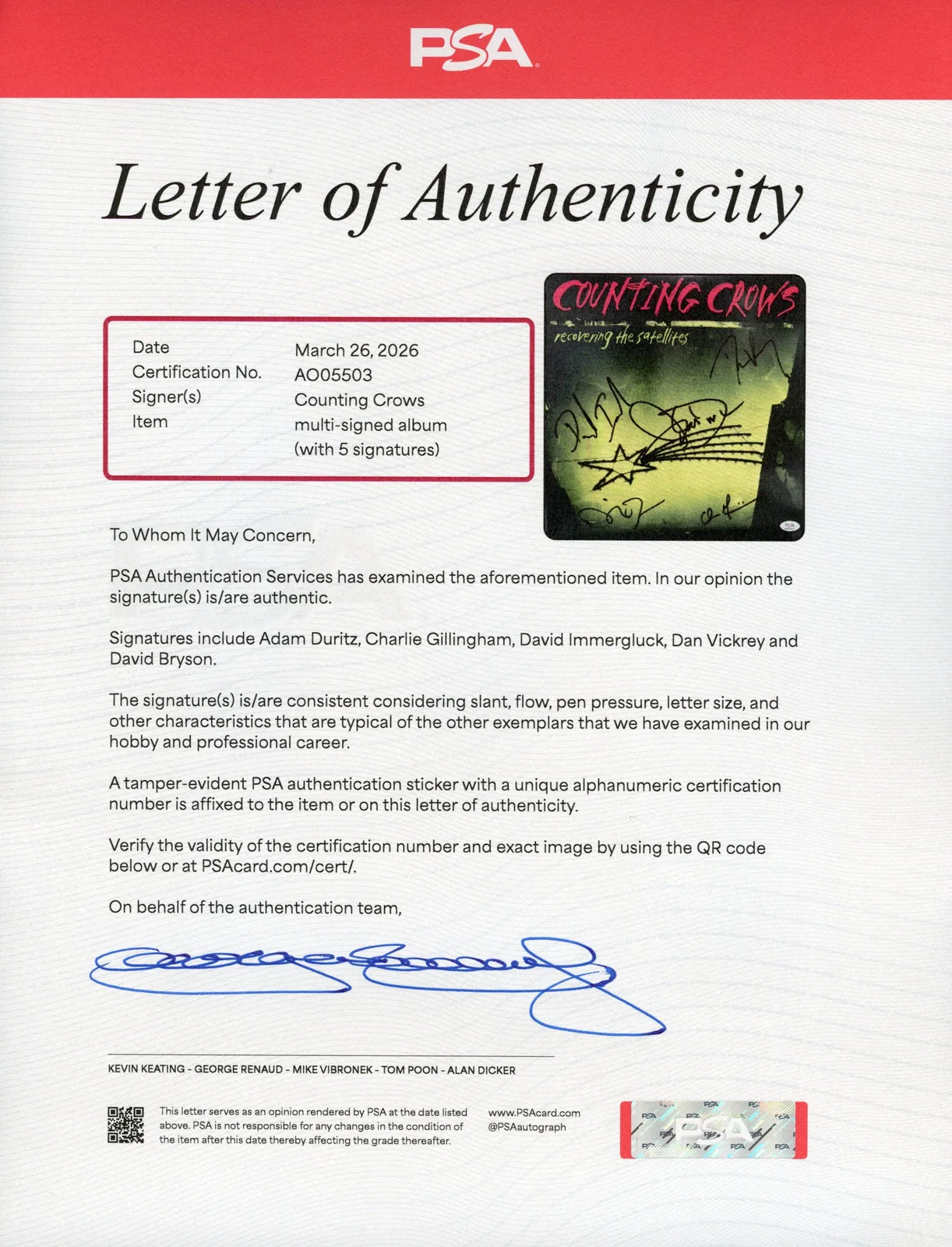 Counting Crows Signed Autographed Vinyl "Recovering the Satellites" PSA/DNA Auth, image 3