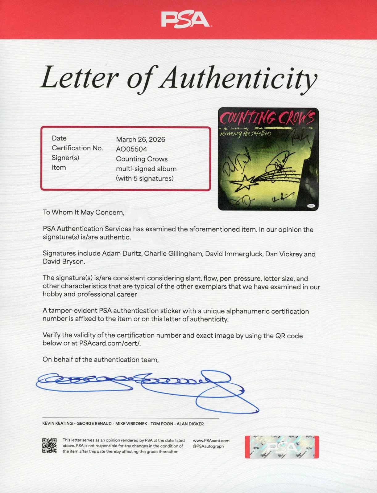 Counting Crows Signed Autographed Vinyl "Recovering the Satellites" PSA/DNA Auth, изображение 3