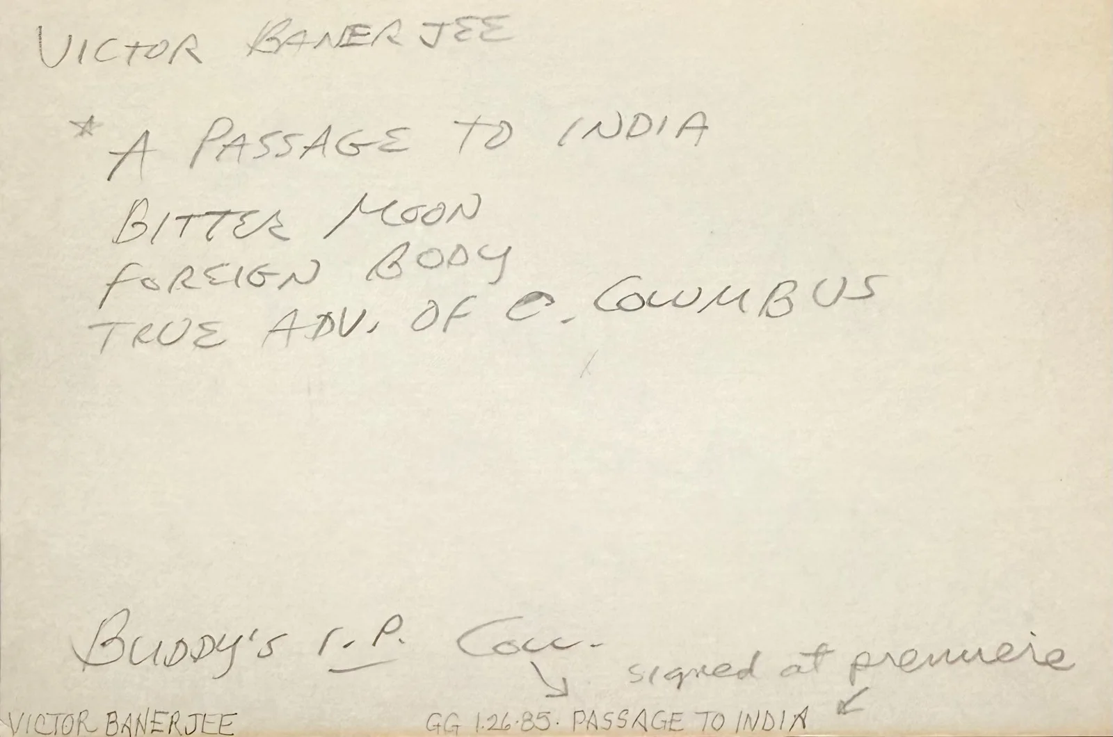 Victor Banerjee — VICTOR BANERJEE Signed Autographed 4"x 6" INDEX CARD Aakrosh A Passage to India, изображение 2