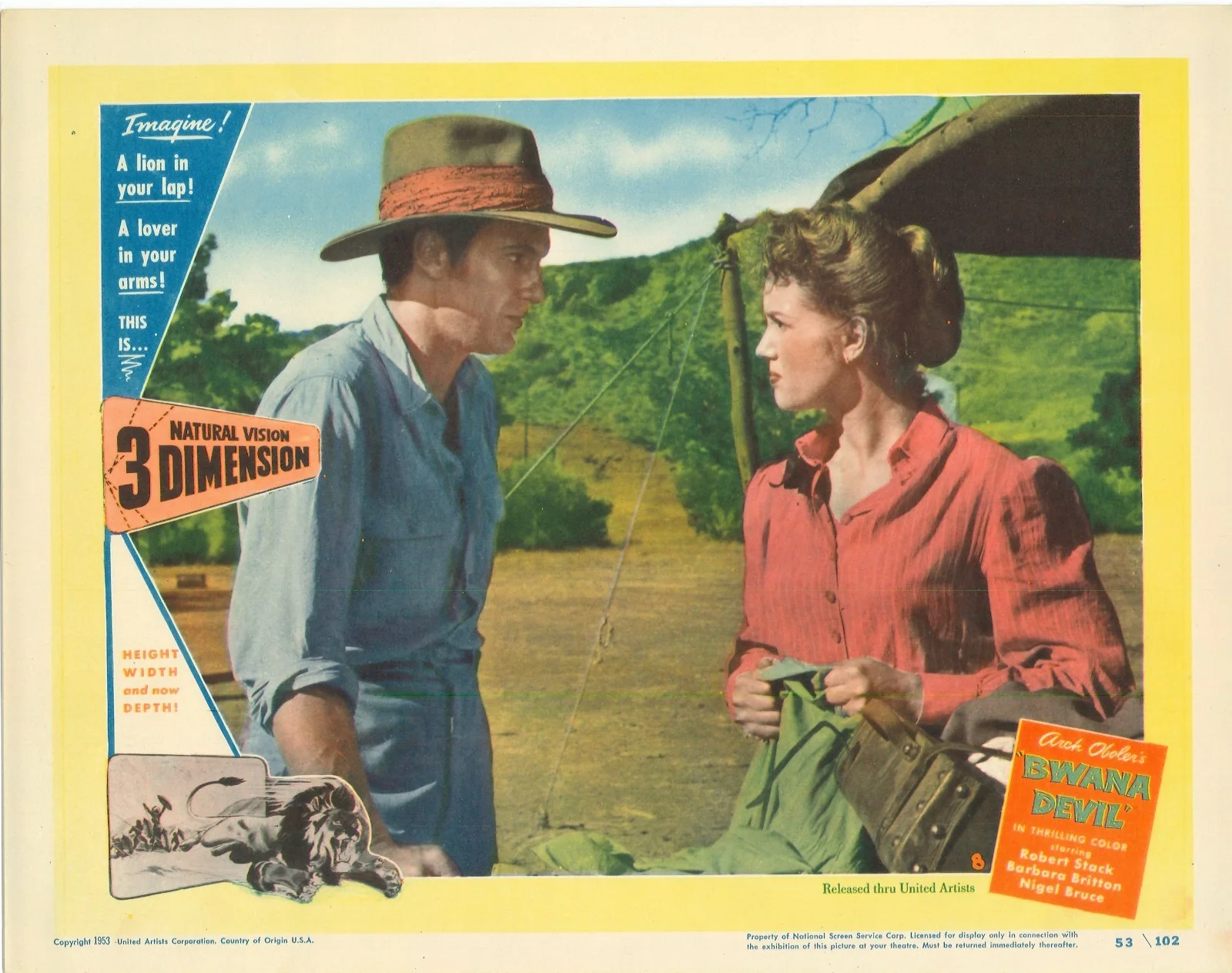 Bwana Devil 2x ORIGINAL US Lobby Cards Robert Stack Barbara Britton 1953, image 3